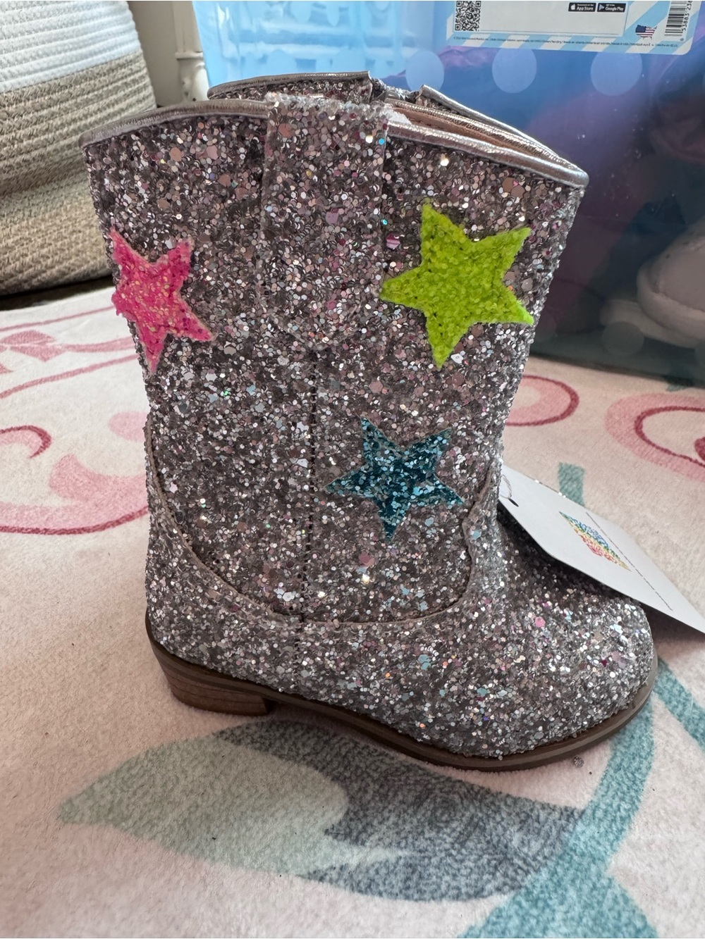 Lola + The Boys Silver Glitter Star Cowboy Boots with Pink, Lime and Teal Stars